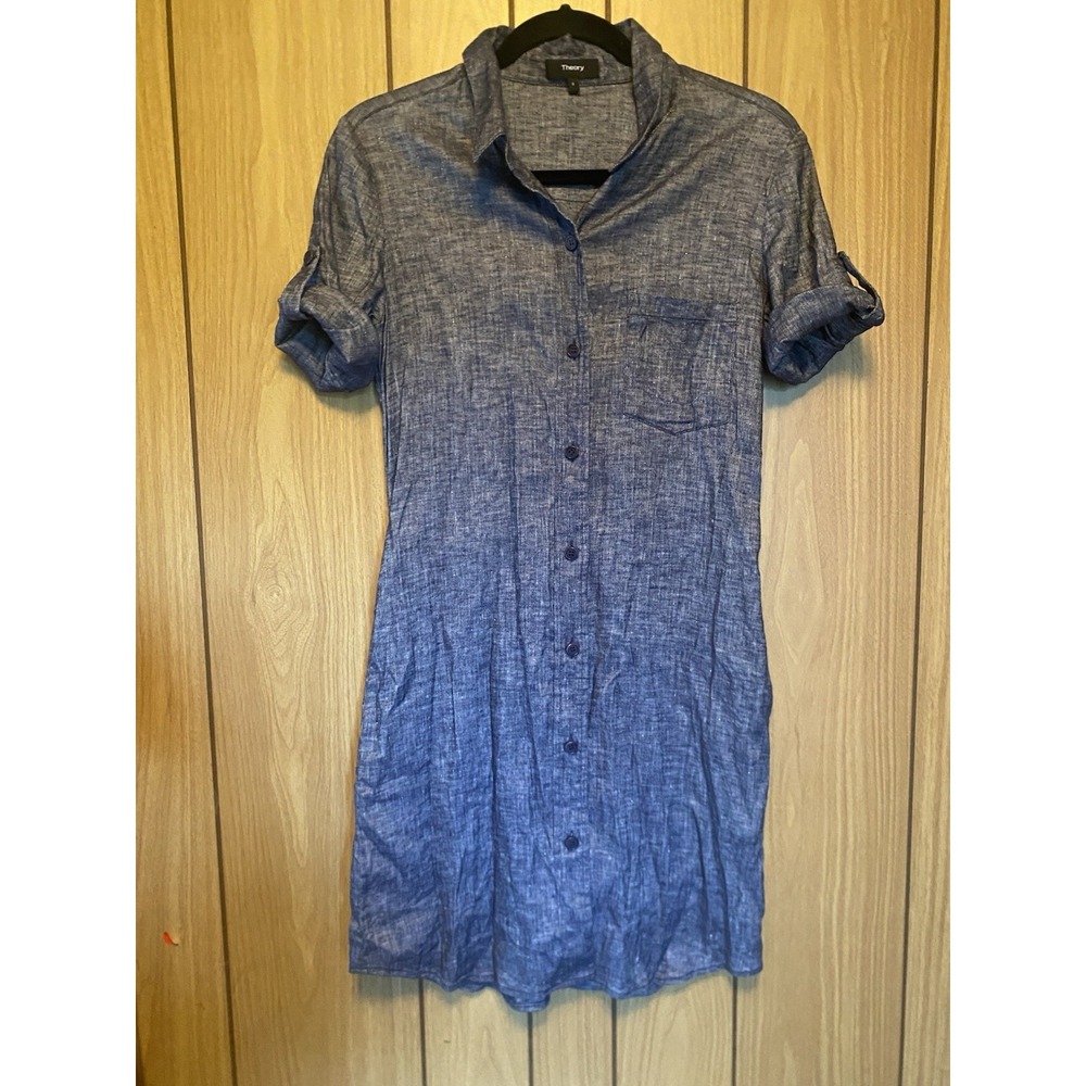 Theory Linen Blend Shirt Dress Blue Roll Tab Sleeve Button Front Women's 6